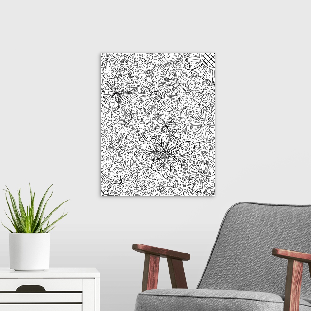 A modern room featuring Black and white line art of a garden full of different shapes and sizes of flowers.