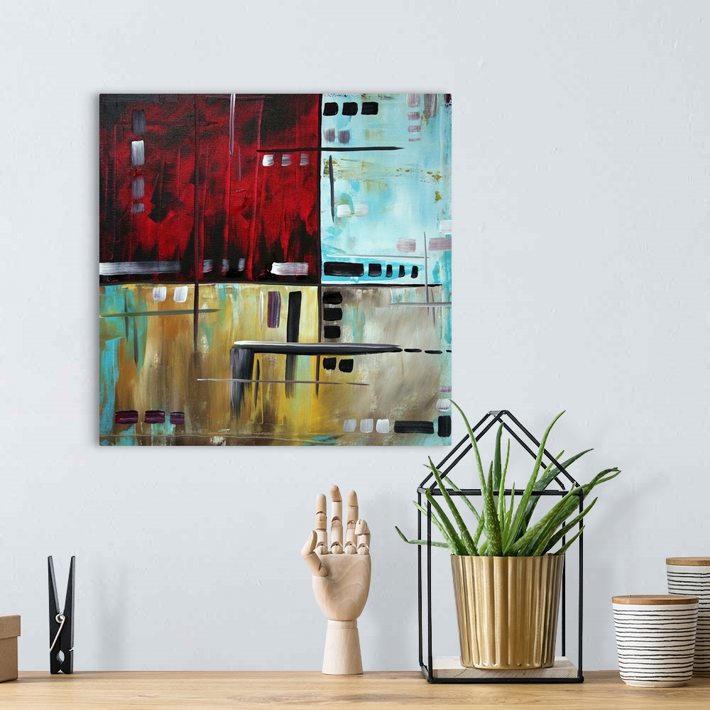 A bohemian room featuring A beautiful contemporary, abstract, original painting by MADART. Complimentary shades of crimson ...