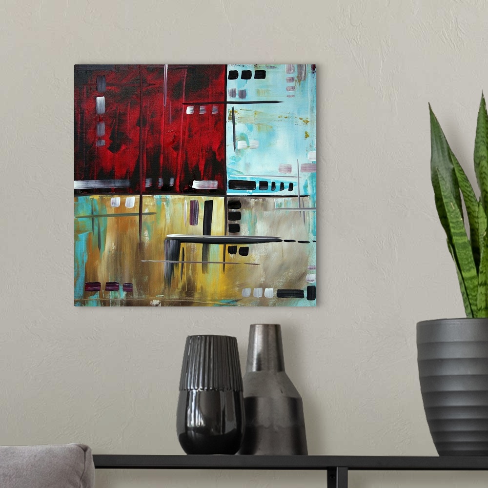 A modern room featuring A beautiful contemporary, abstract, original painting by MADART. Complimentary shades of crimson ...