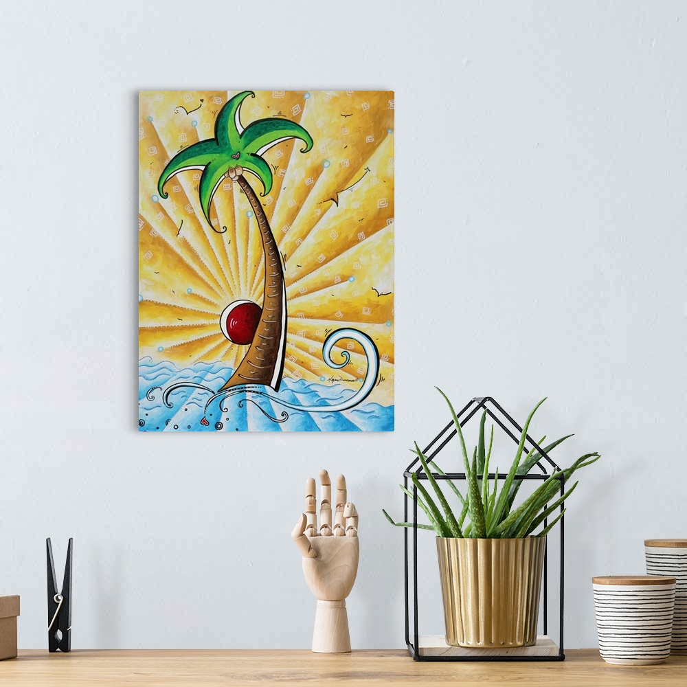 A bohemian room featuring Contemporary painting of a palm tree standing in the ocean with a golden sun behind.