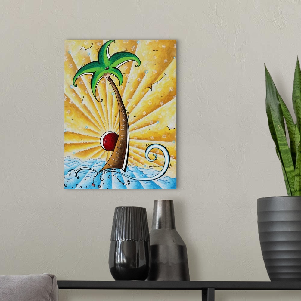 A modern room featuring Contemporary painting of a palm tree standing in the ocean with a golden sun behind.