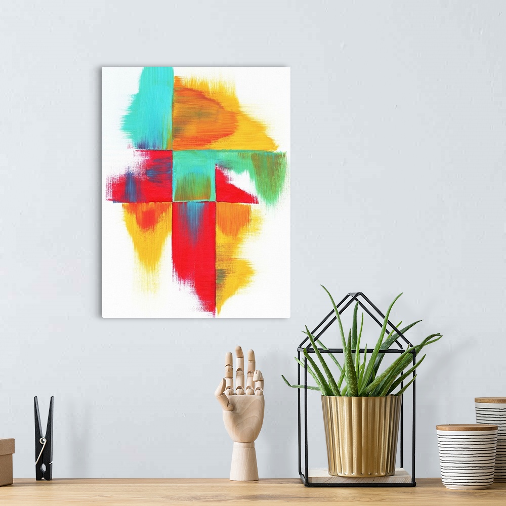 A bohemian room featuring Contemporary abstract painting using bright colors and geometric formations