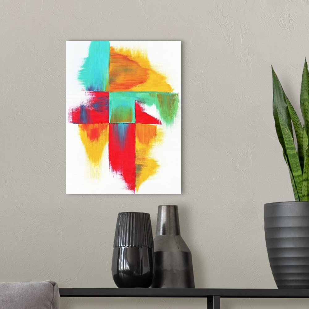 A modern room featuring Contemporary abstract painting using bright colors and geometric formations