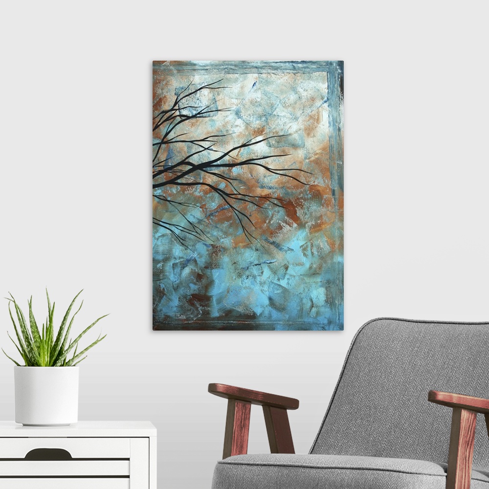 A modern room featuring Contemporary abstract painting of tree limbs with leaves against a bright sky.