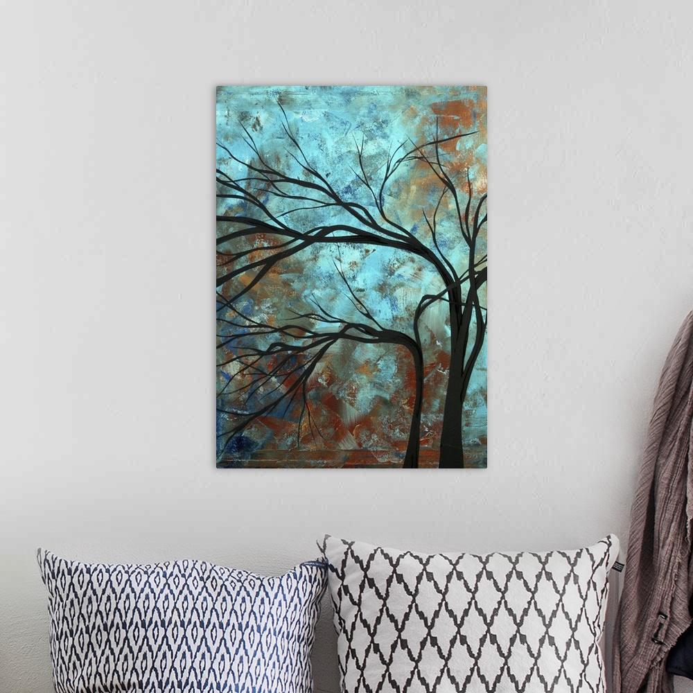 A bohemian room featuring A vertical painting of a textured painted background with a silhouette of a leafless tree layered...