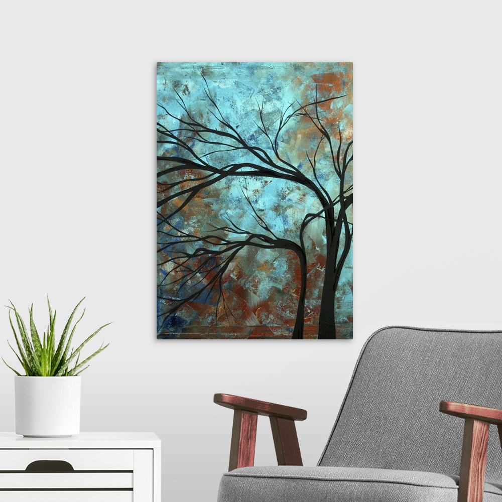 A modern room featuring A vertical painting of a textured painted background with a silhouette of a leafless tree layered...