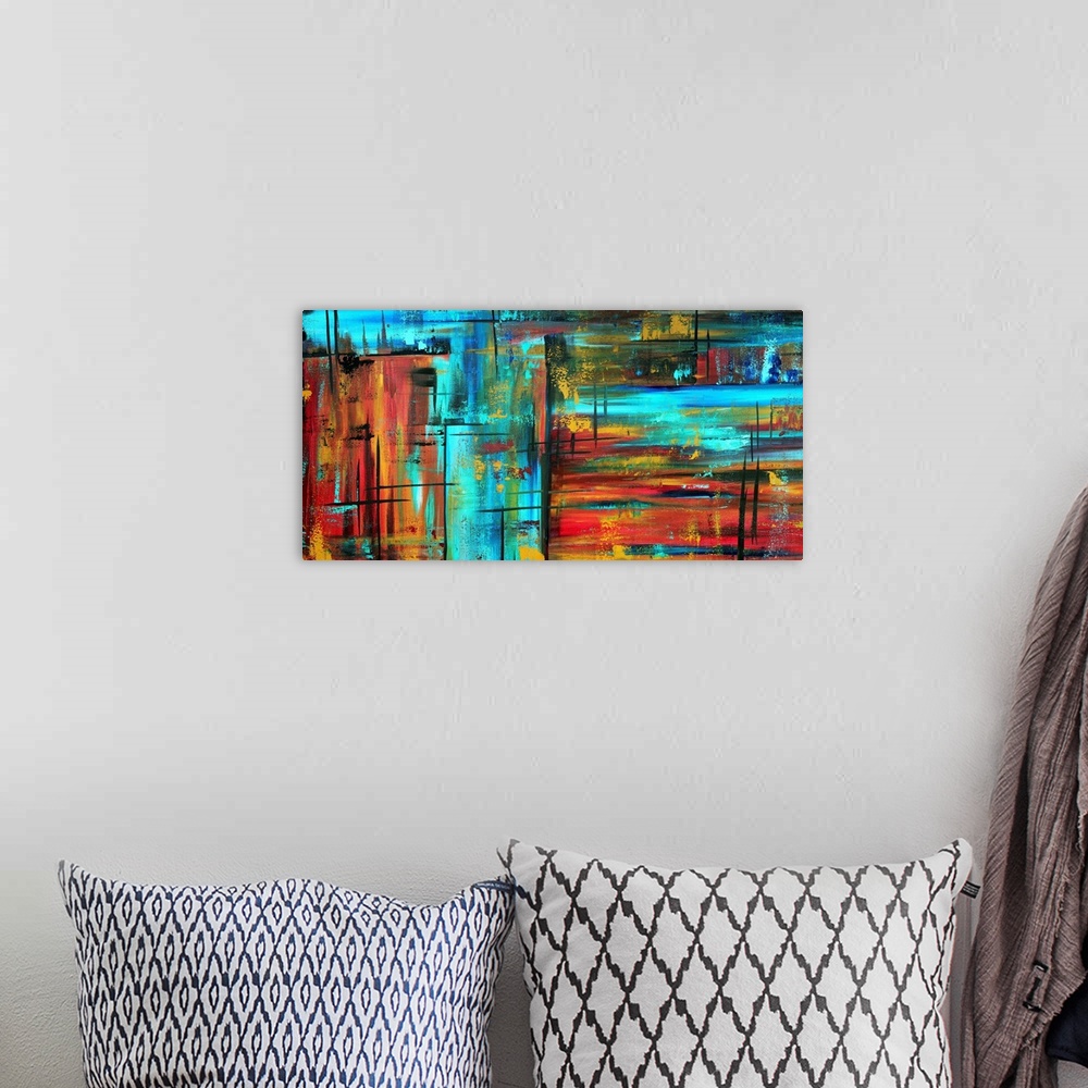 A bohemian room featuring This is a horizontal contemporary painting of neon colors and dark streaks creating a wild and ab...