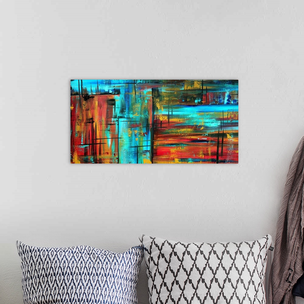 A bohemian room featuring This is a horizontal contemporary painting of neon colors and dark streaks creating a wild and ab...