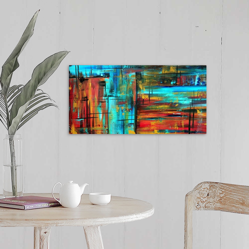A farmhouse room featuring This is a horizontal contemporary painting of neon colors and dark streaks creating a wild and ab...