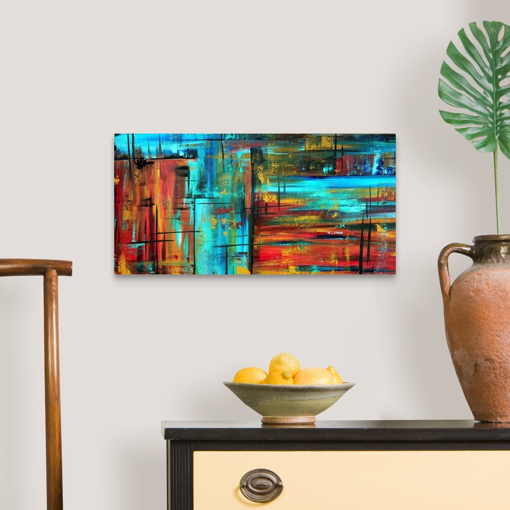 A traditional room featuring This is a horizontal contemporary painting of neon colors and dark streaks creating a wild and ab...