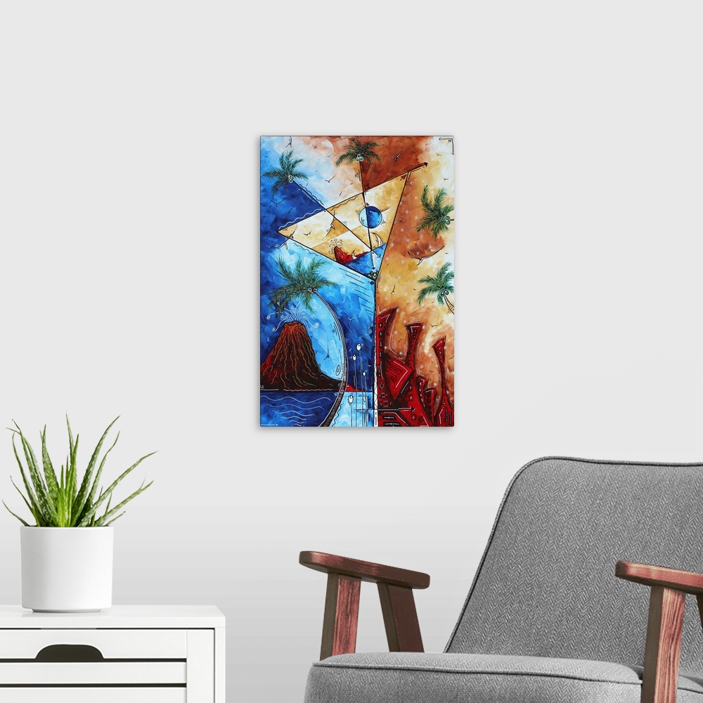 A modern room featuring An original, tropical martini painting. This painting is fun