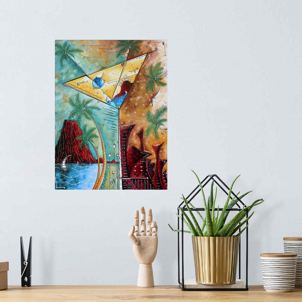 A bohemian room featuring Contemporary painting of a tropical island scene on the left and an urban scene on the right, wit...