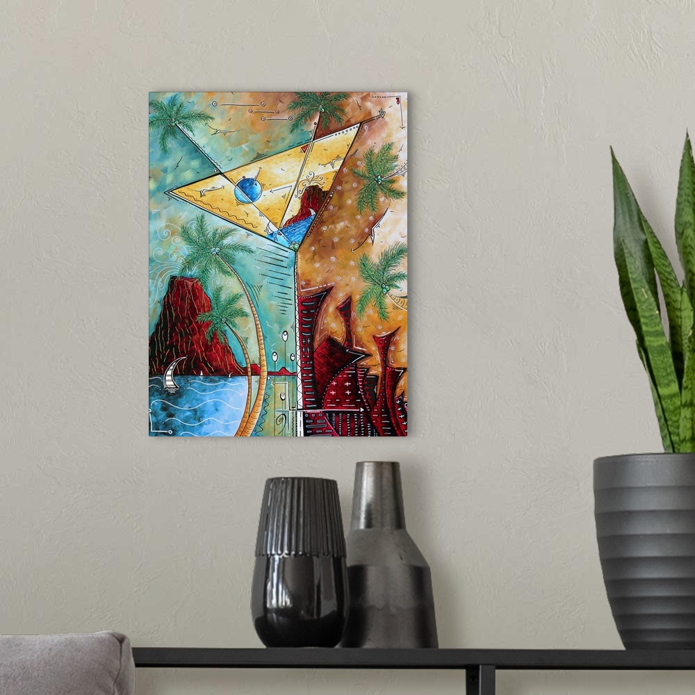 A modern room featuring Contemporary painting of a tropical island scene on the left and an urban scene on the right, wit...
