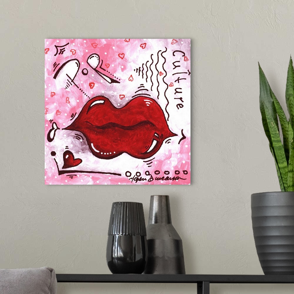 A modern room featuring Contemporary painting of red lips against a vibrant pink background.