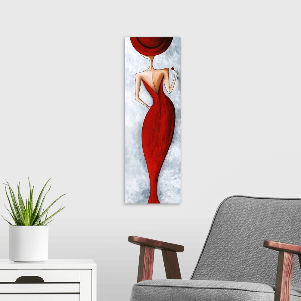 A modern room featuring Painting of a woman in an elegant red evening dress, seen from the back.