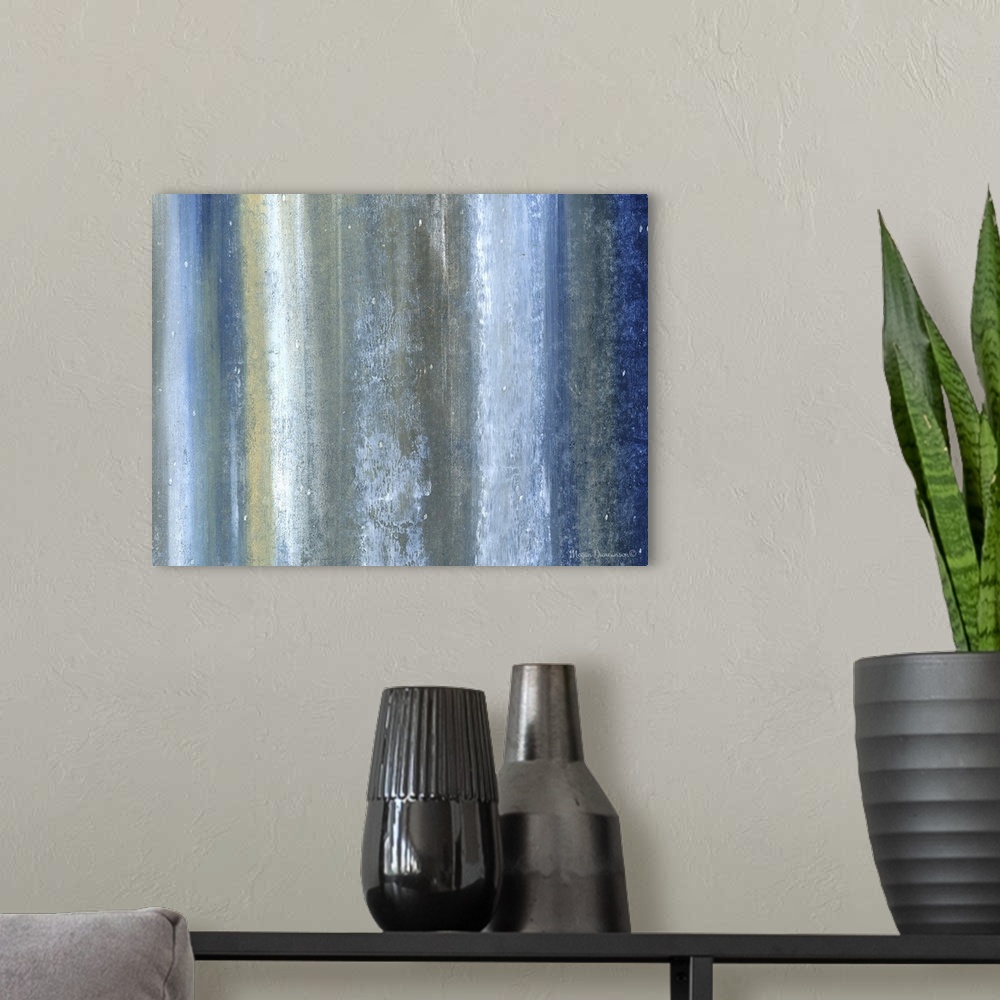 A modern room featuring A contemporary abstract painting that has vertical lines of different shades of blue, green, whit...