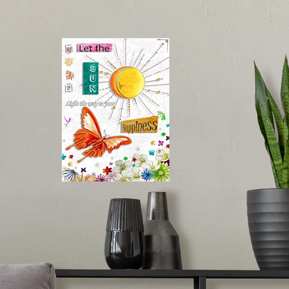 A modern room featuring Charming illustration of a butterfly flying towards the bright sun over a field of flowers.