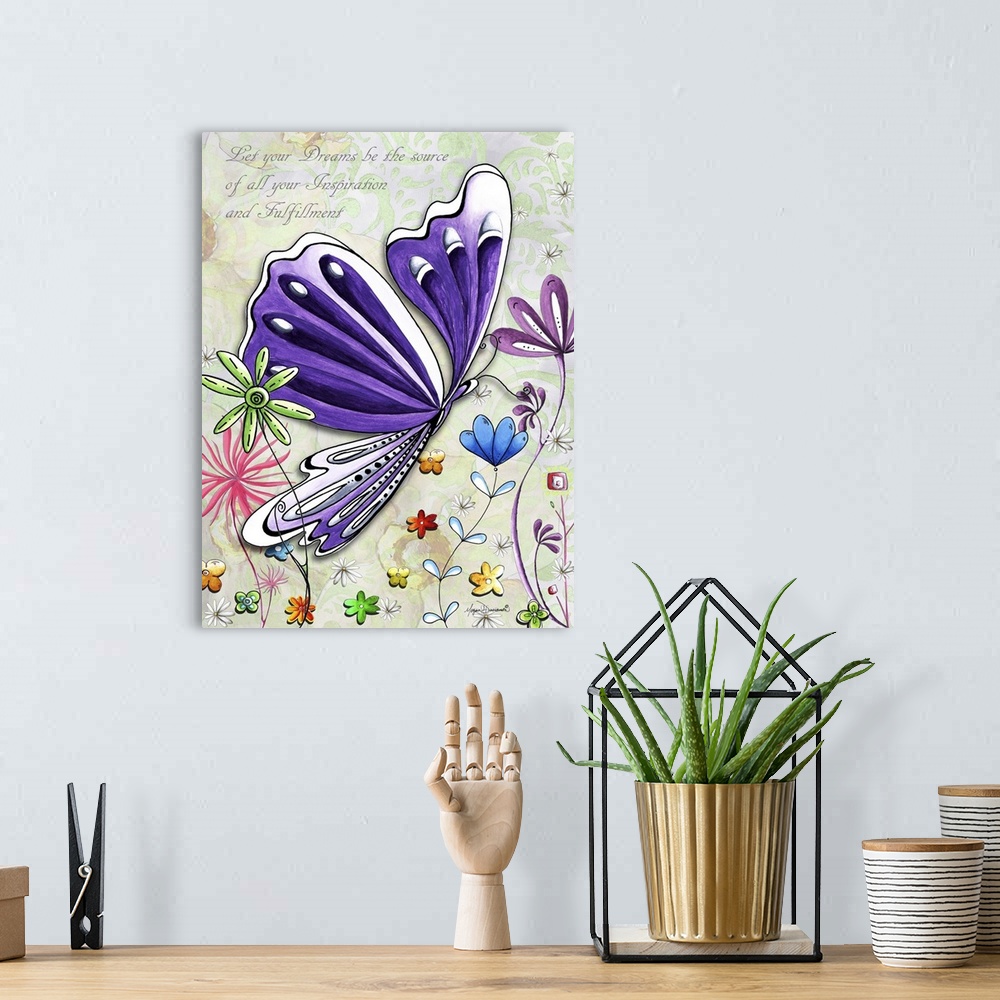 A bohemian room featuring Illustration of a large purple butterfly in a field of multi-colored flowers with an inspirationa...