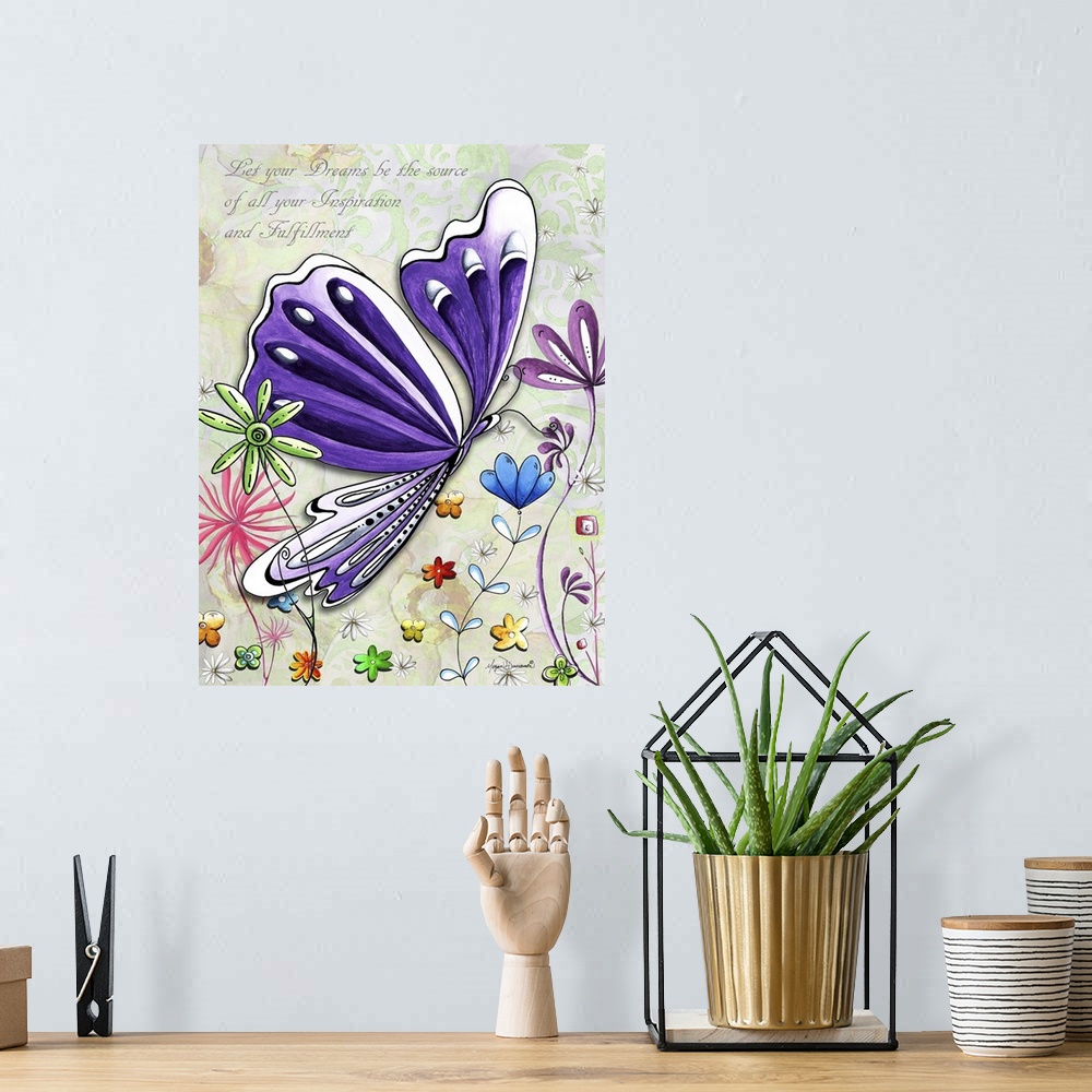 A bohemian room featuring Illustration of a large purple butterfly in a field of multi-colored flowers with an inspirationa...