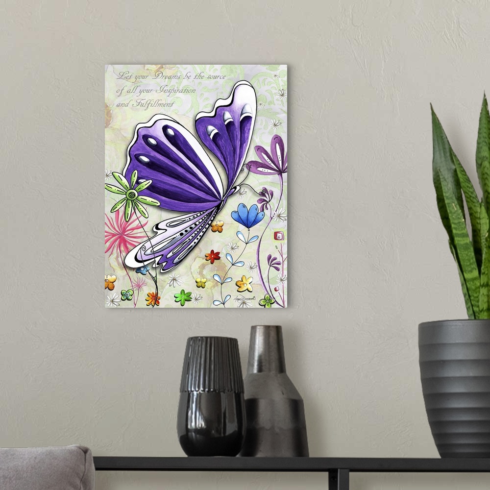 A modern room featuring Illustration of a large purple butterfly in a field of multi-colored flowers with an inspirationa...