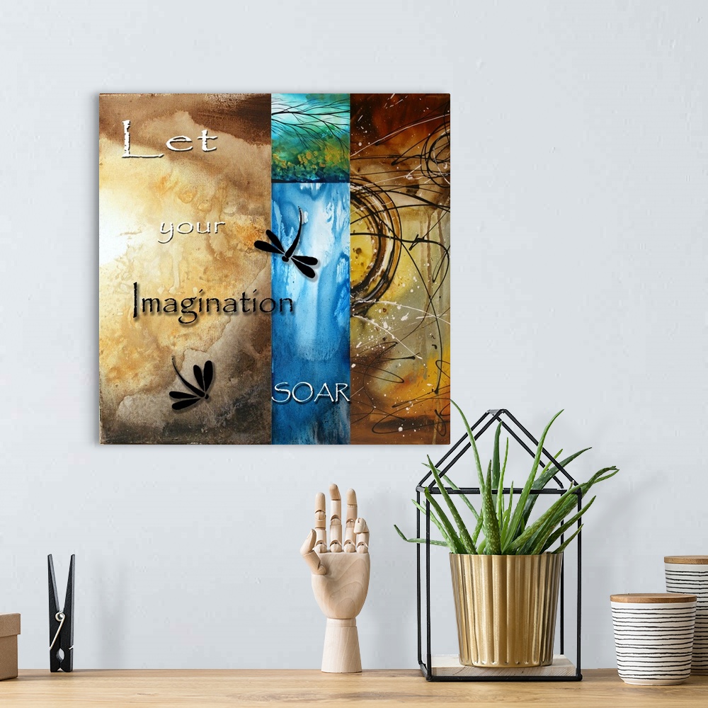 A bohemian room featuring Square photo on canvas representing imagination with dragonflies on top of the layers of art.