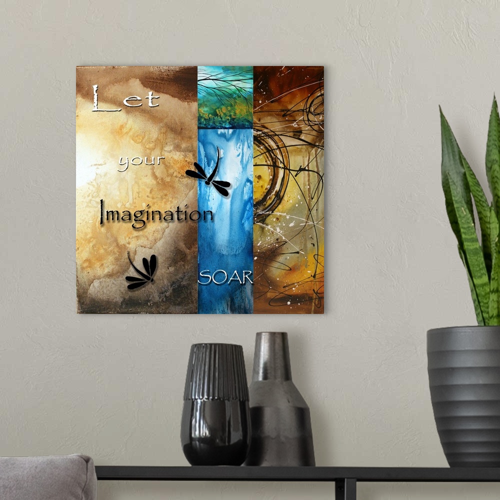 A modern room featuring Square photo on canvas representing imagination with dragonflies on top of the layers of art.