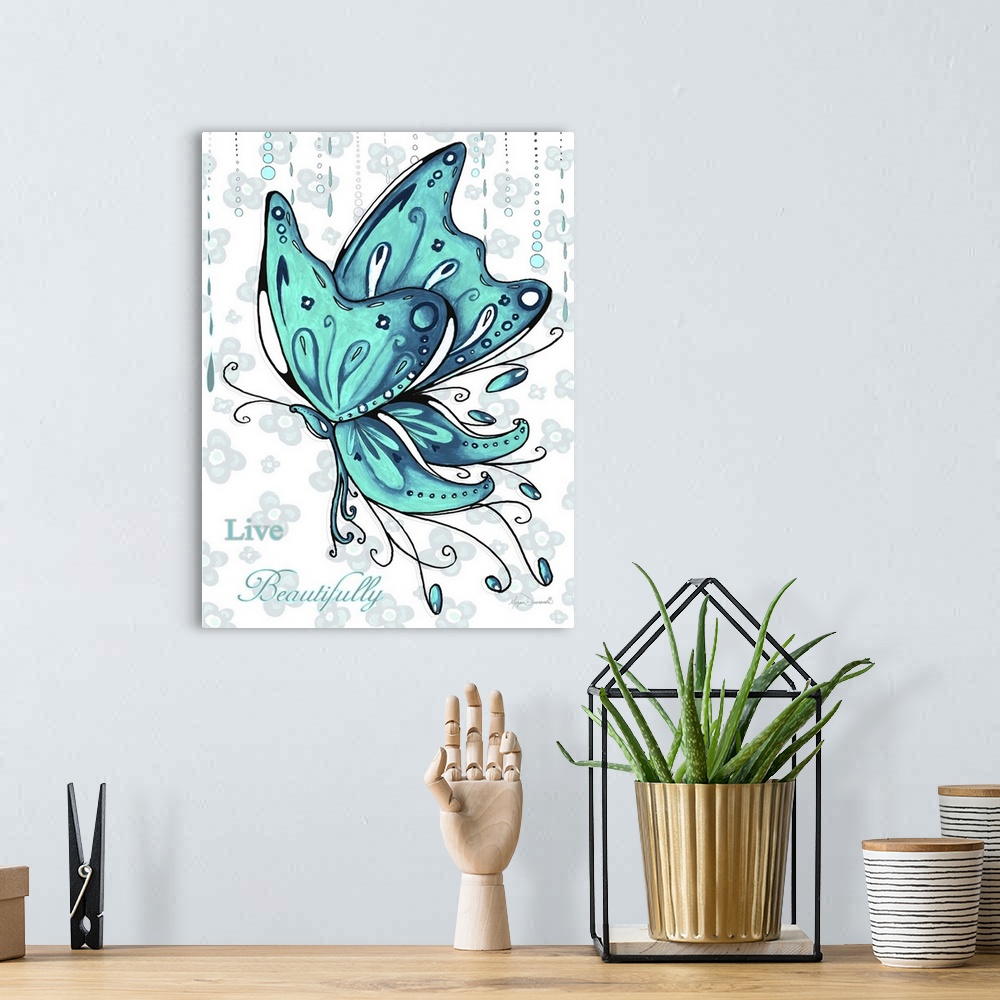 A bohemian room featuring Contemporary painting of a teal butterfly against a white background with pale blue flowers.