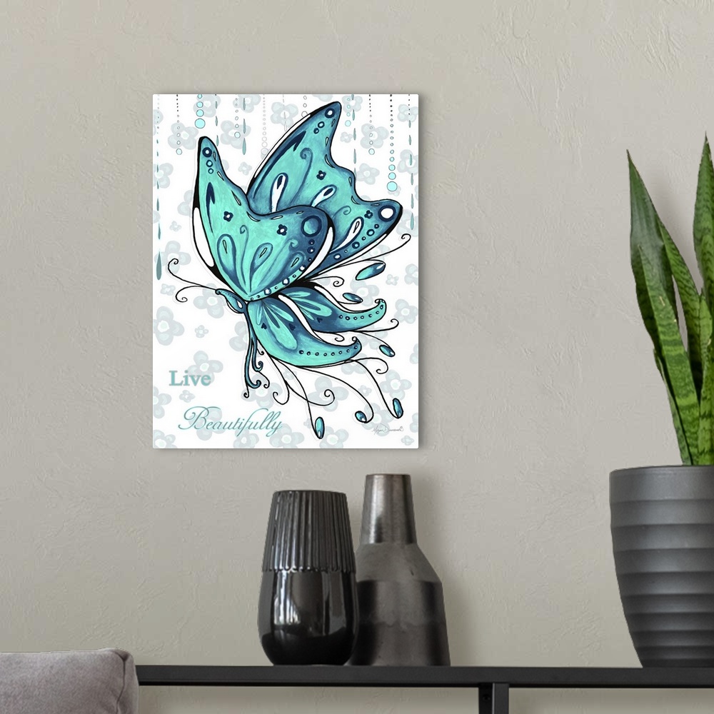 A modern room featuring Contemporary painting of a teal butterfly against a white background with pale blue flowers.