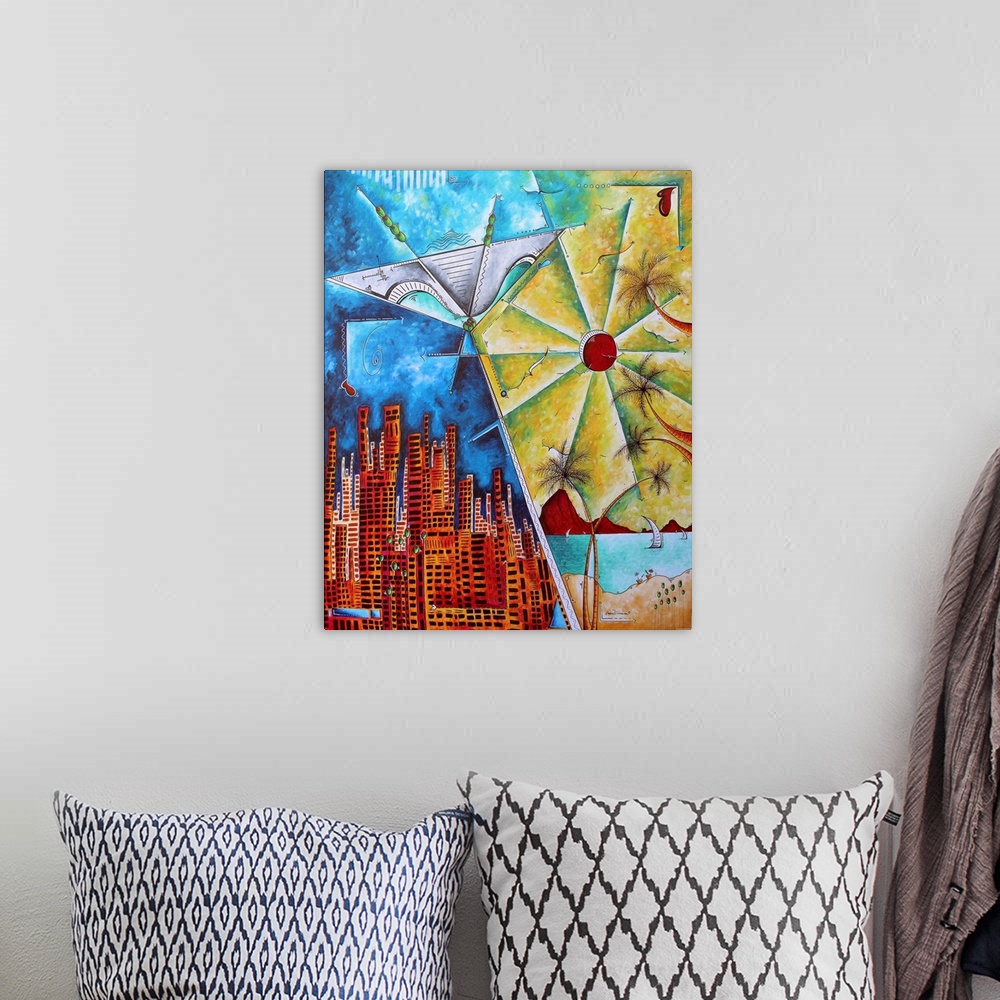 A bohemian room featuring Contemporary painting of an urban skyline with a beach scene.