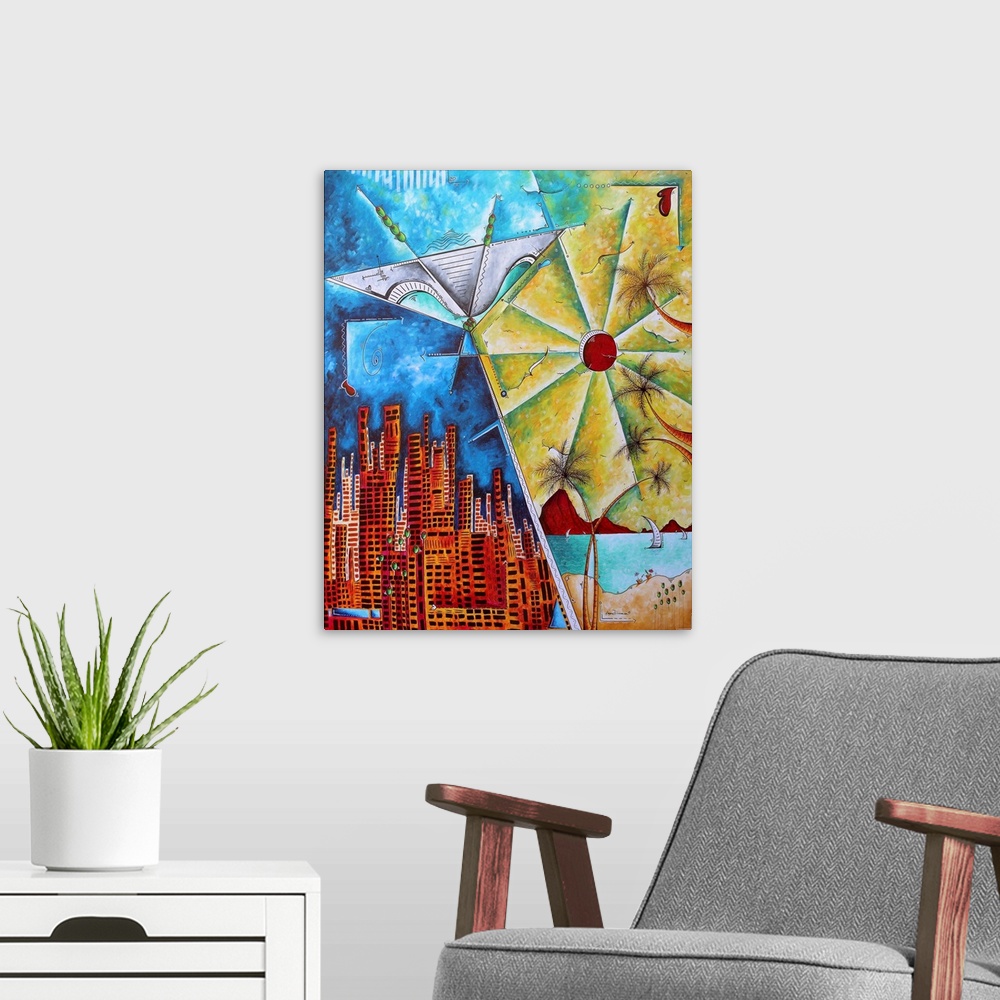 A modern room featuring Contemporary painting of an urban skyline with a beach scene.