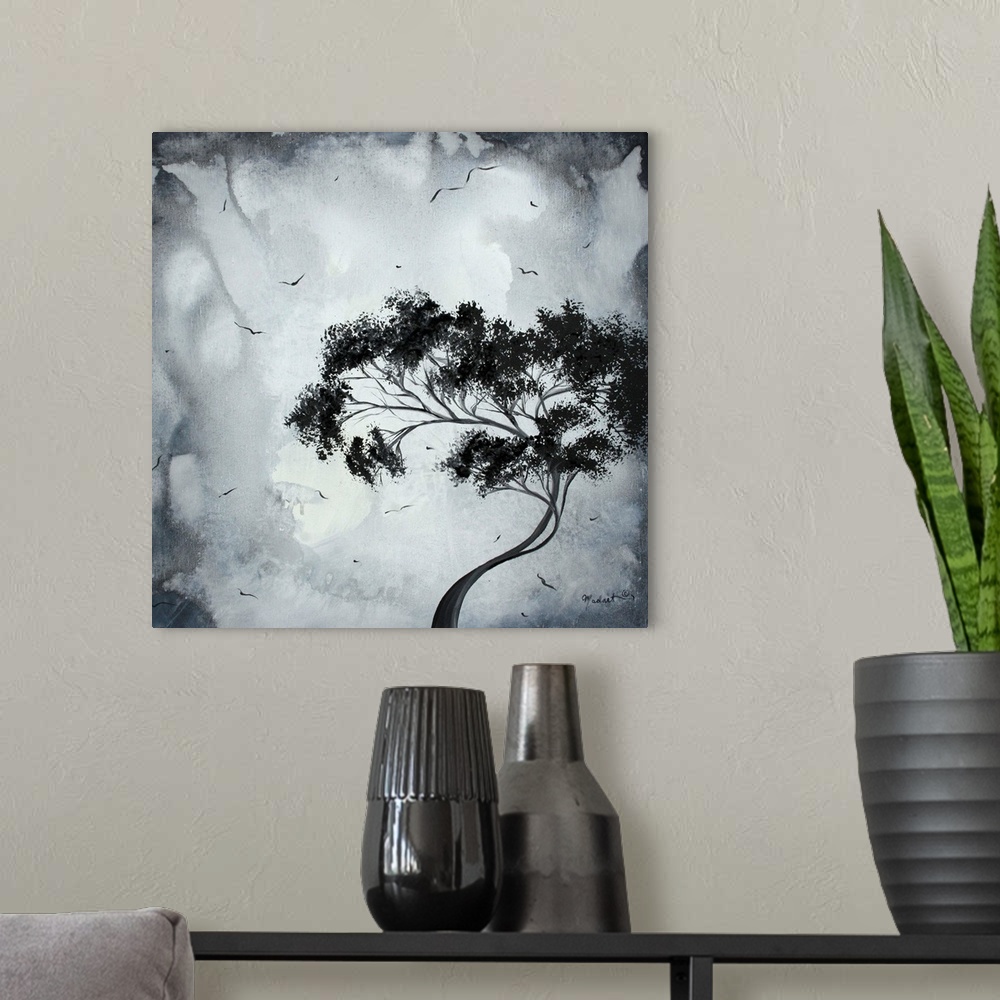 A modern room featuring Painting of a lone bending tree on a menacing grey background with small birds flying around the ...