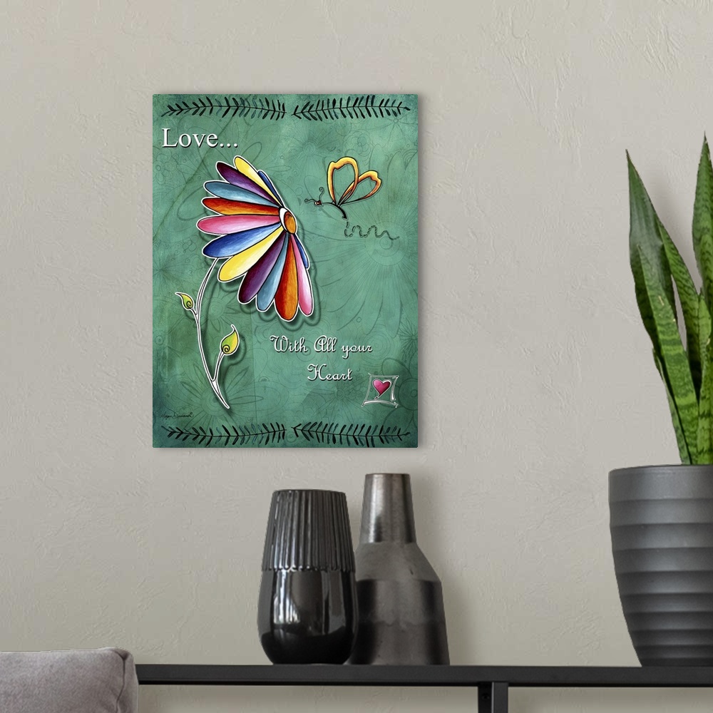A modern room featuring Drawing of a flower with petals in many different colors and an inspirational quote.
