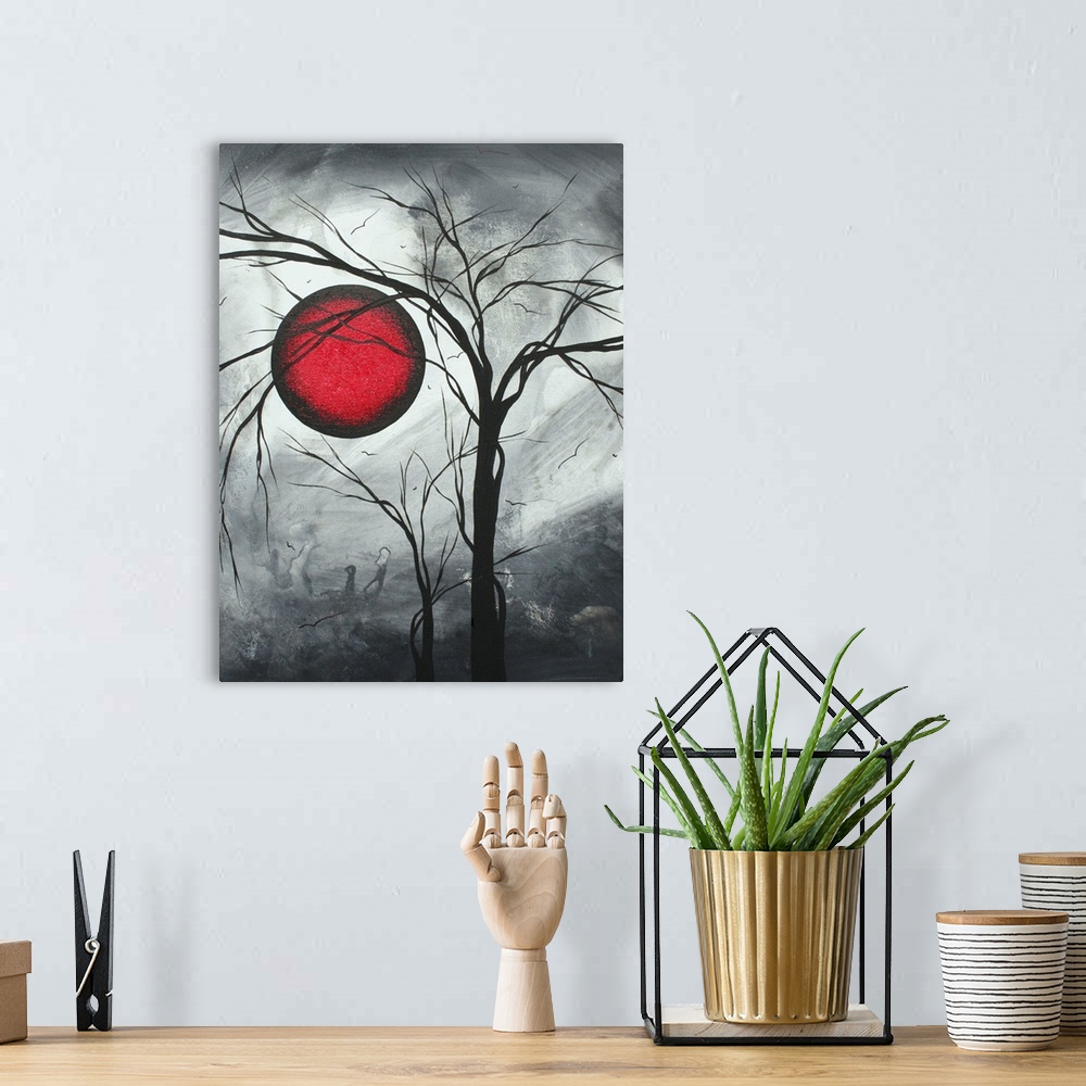 A bohemian room featuring Vertical, large contemporary artwork of a large red moon on an swirling background of greys, with...
