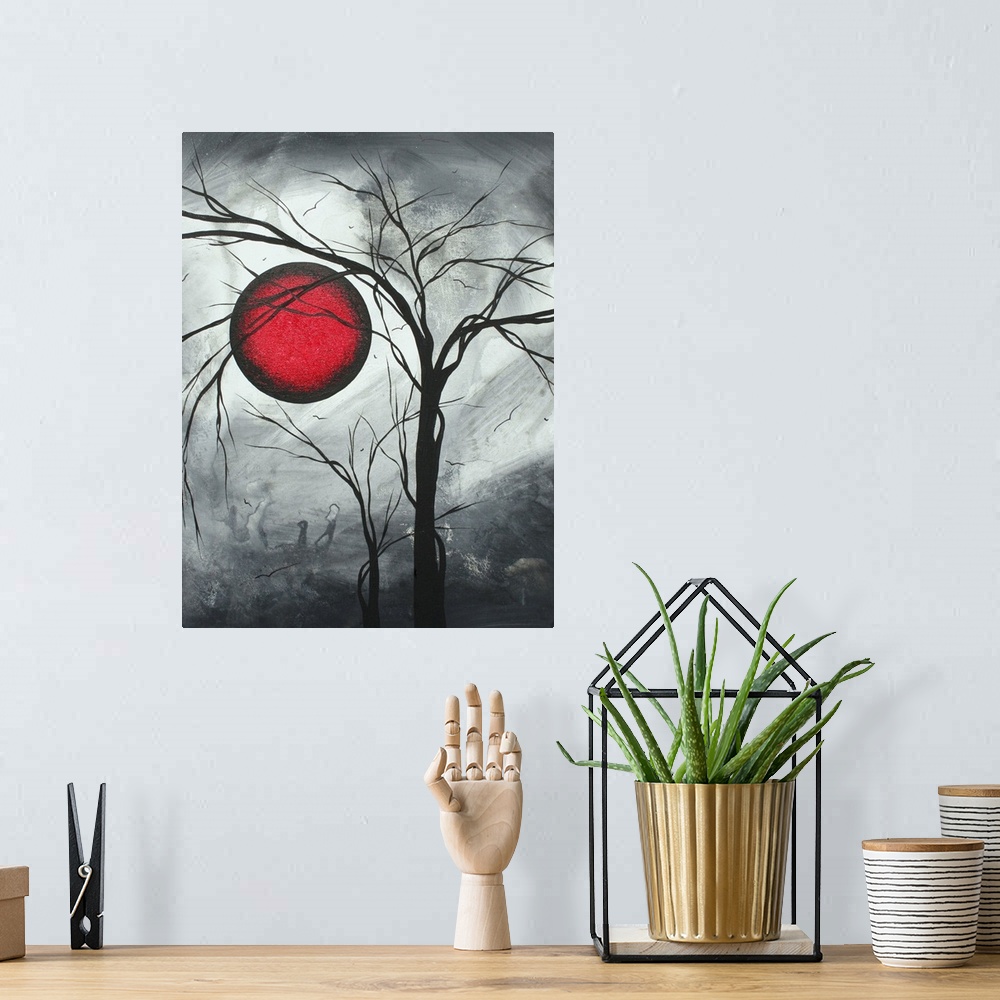 A bohemian room featuring Vertical, large contemporary artwork of a large red moon on an swirling background of greys, with...