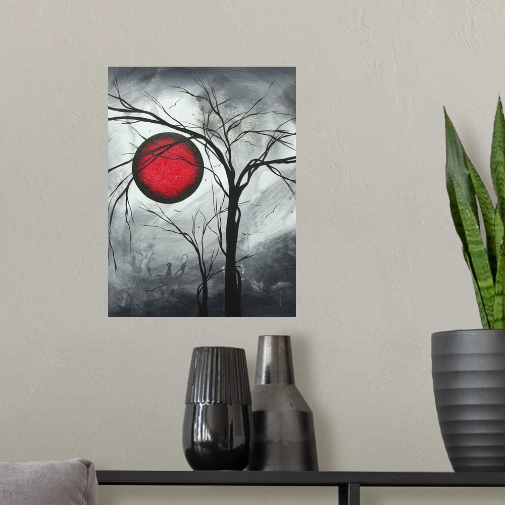 A modern room featuring Vertical, large contemporary artwork of a large red moon on an swirling background of greys, with...