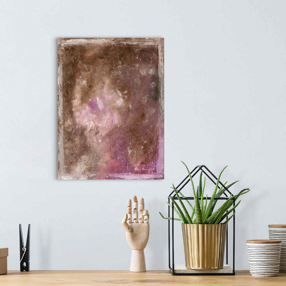 A bohemian room featuring A contemporary abstract painting that has a brown and grey undertone with bright pinks, purples, ...