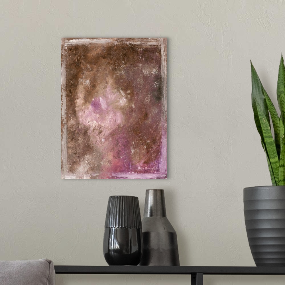 A modern room featuring A contemporary abstract painting that has a brown and grey undertone with bright pinks, purples, ...