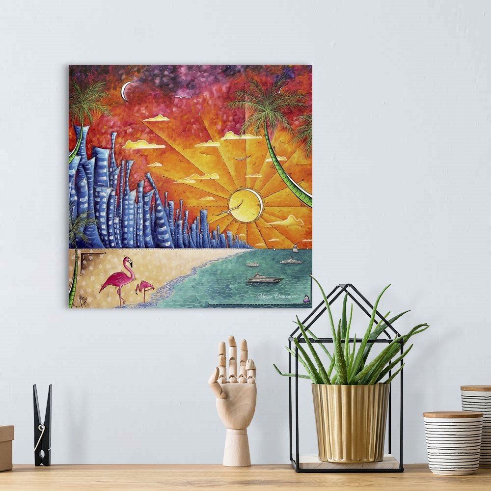 A bohemian room featuring Contemporary painting of skyscrapers along the Miami coast at sunset, with palm trees and flaming...
