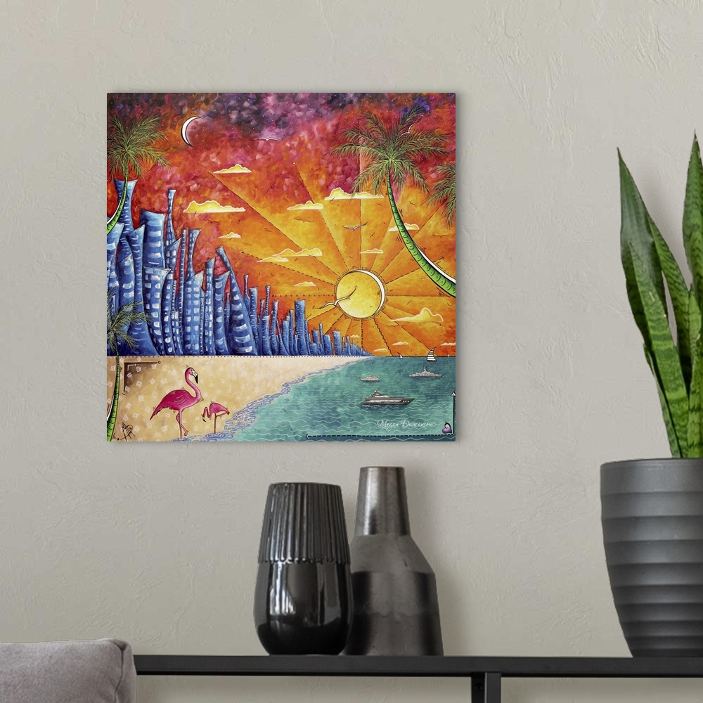 A modern room featuring Contemporary painting of skyscrapers along the Miami coast at sunset, with palm trees and flaming...
