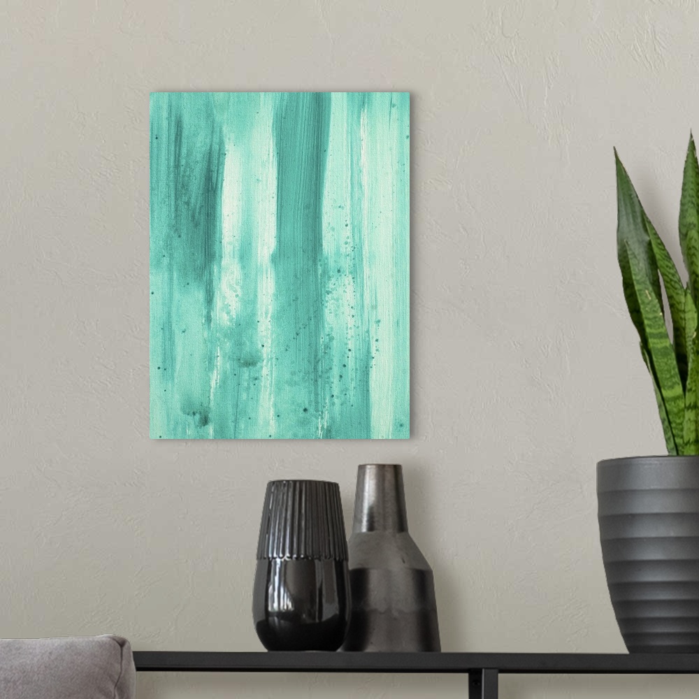 A modern room featuring Abstract art painting of vertical streaks of paint in varying shades of water tones.