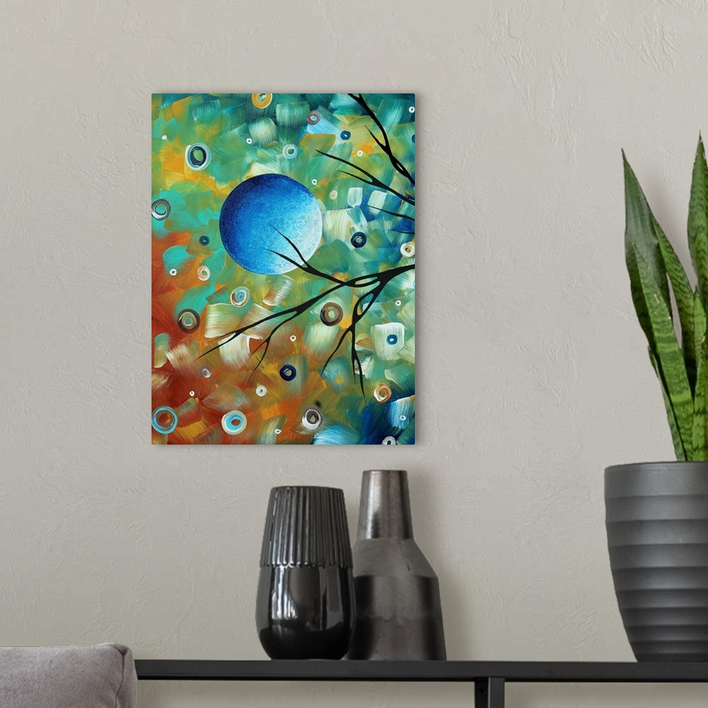 A modern room featuring Contemporary abstract image of the moon and tree branch silhouettes.  The background is colorful,...