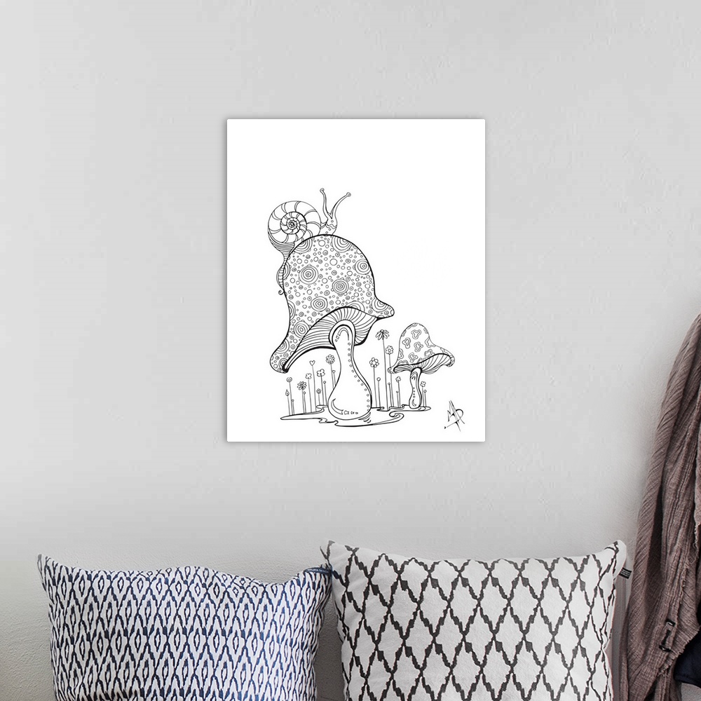A bohemian room featuring Black and white line art of a snail crawling on top of a mushroom.