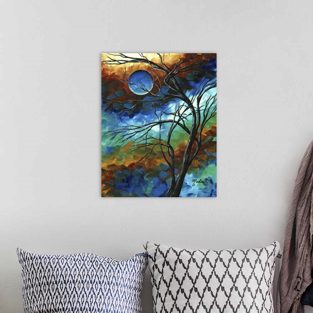 A bohemian room featuring Contemporary painting of branched tree silhouette with abstract background of short muted multico...