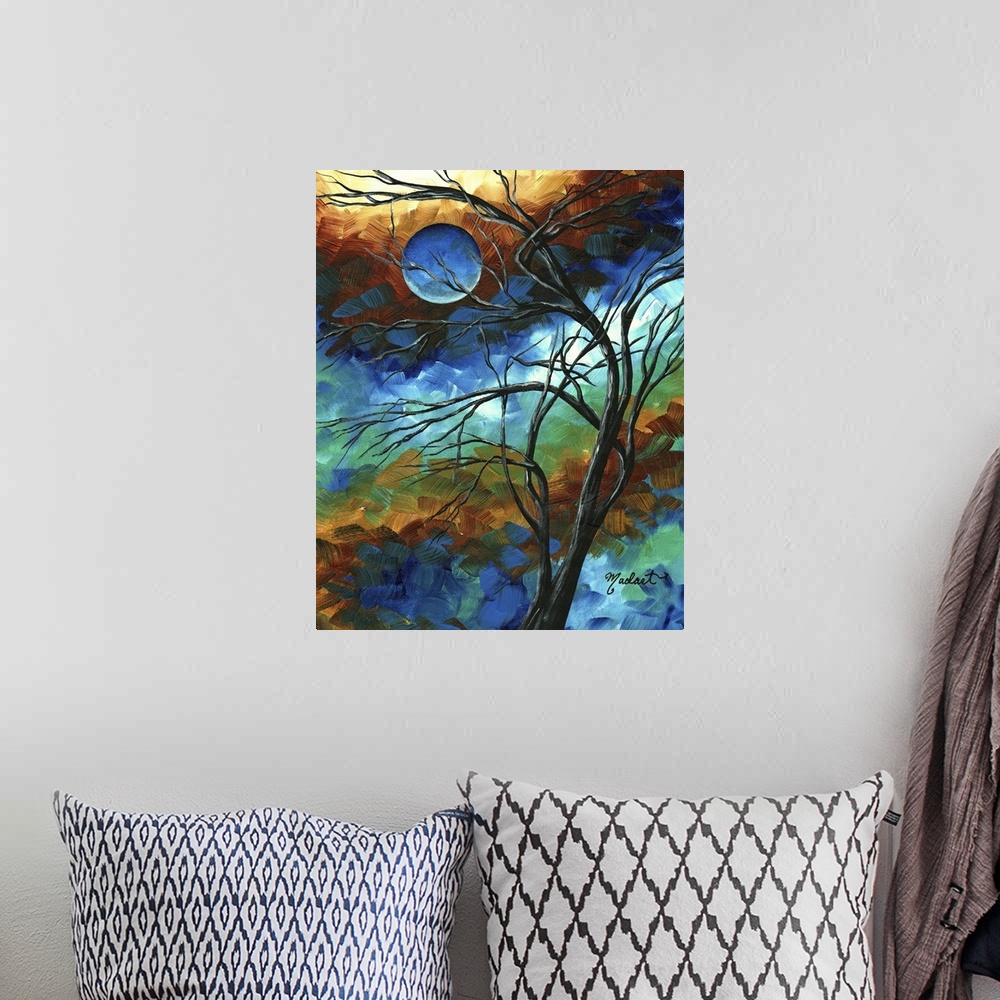 A bohemian room featuring Contemporary painting of branched tree silhouette with abstract background of short muted multico...