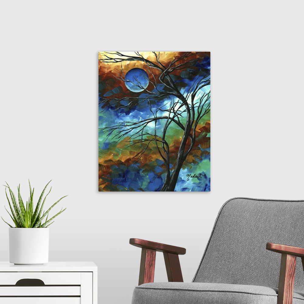 A modern room featuring Contemporary painting of branched tree silhouette with abstract background of short muted multico...