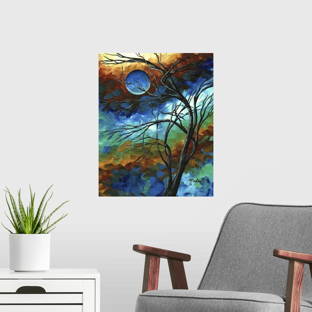 A modern room featuring Contemporary painting of branched tree silhouette with abstract background of short muted multico...