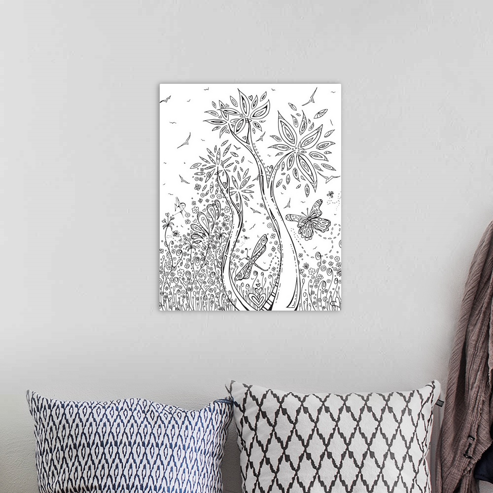 A bohemian room featuring Black and white line art of a dragonfly and butterfly flying through a garden.