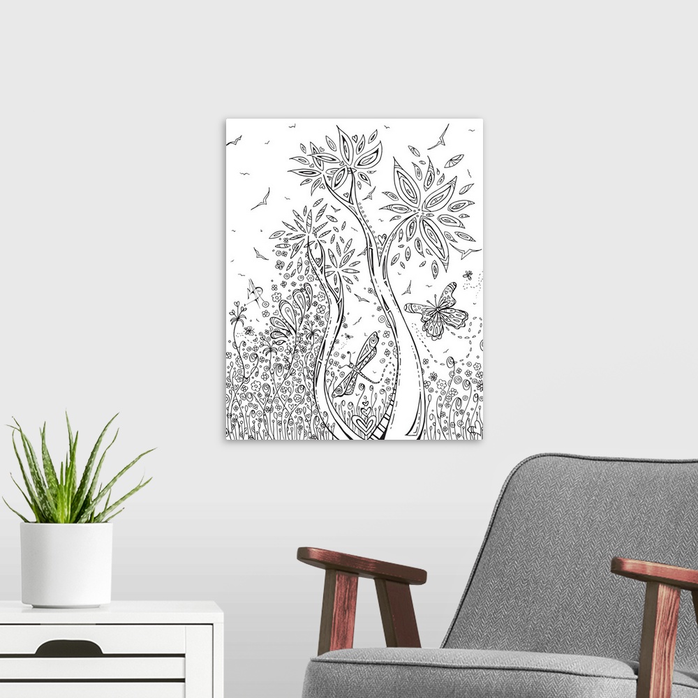 A modern room featuring Black and white line art of a dragonfly and butterfly flying through a garden.