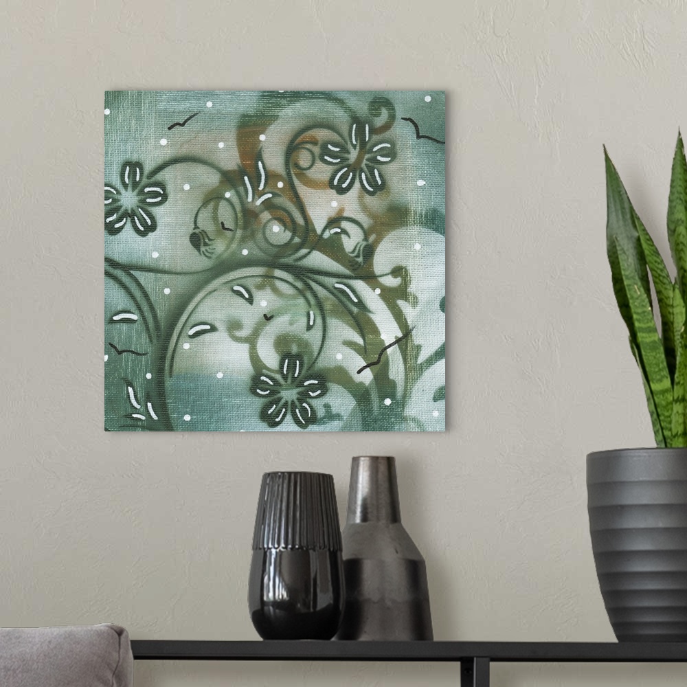 A modern room featuring A modern, decorative set of 9 contemporary nature inspired designs. Each individual painting feat...