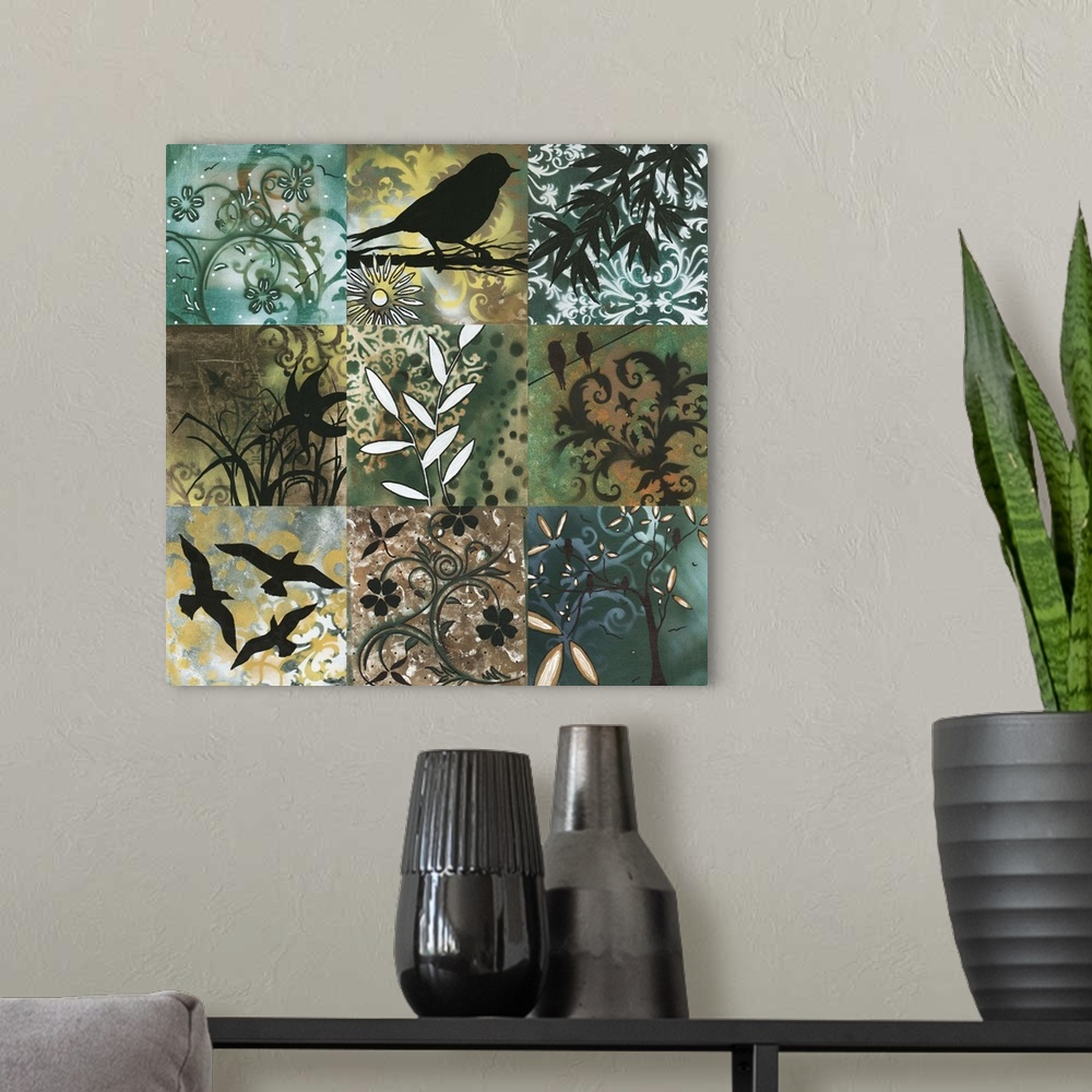 A modern room featuring A modern, decorative set of 9 contemporary nature inspired designs. Each individual painting feat...